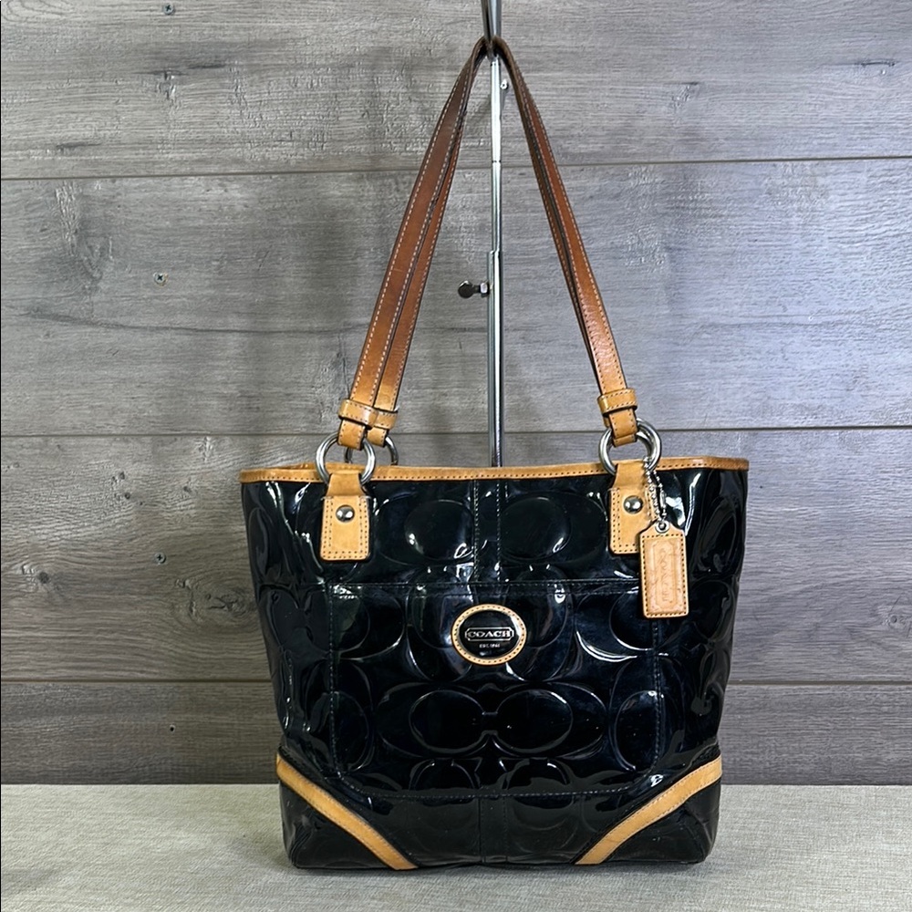 Coach Black and Tan Patent Leather Tote